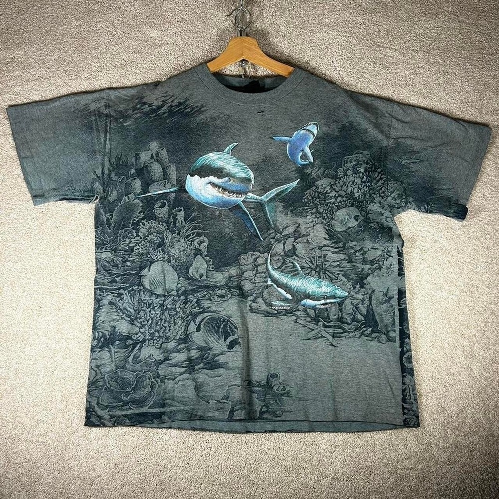 Vintage 90s Shark ocean nature all double sided all over print grey t-shirt XL